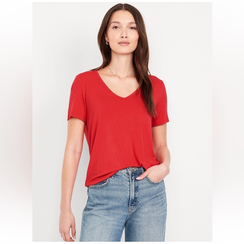 NWOT Old Navy Luxe V-Neck T-Shirt, Size MT (8/10), Bright Coral